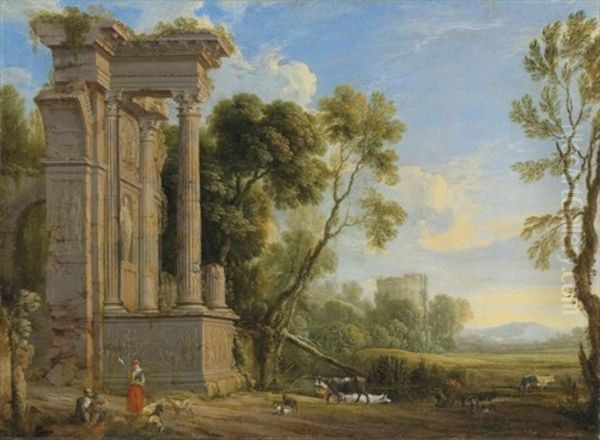 An Italianate River Landscape With Figures Resting By Ruins With Their Herd - view 1