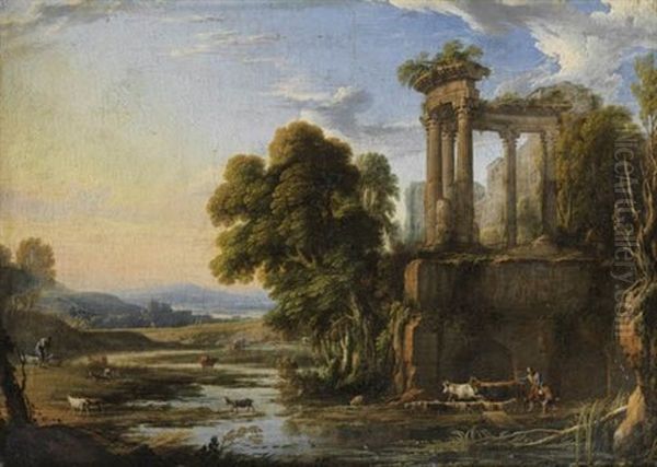 Paysage Au Crepuscule Avec Des Bergers Pres D'un Temple De Vesta - view 1