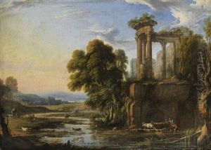 Paysage Au Crepuscule Avec Des Bergers Pres D'un Temple De Vesta by Pierre Patel