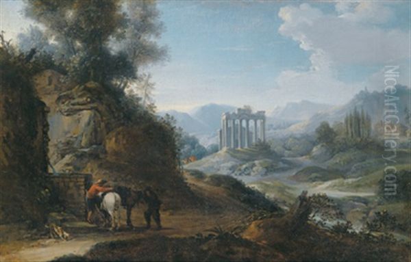 Weite Landschaft Mit Romischer Tempelruine Und Reitern Bei Der Rast An Einem Brunnen - view 1