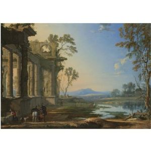 A Landscape At Evening With Travellers And A Hunter Near Classical Ruins by Pierre Patel