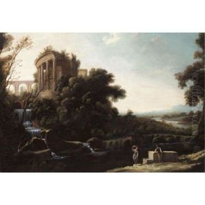 A River Landscape With Figures Resting Beneath A Capriccio View Of The Temple Of Vesta At Tivoli by Pierre Patel