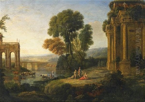 Fluslandschaft Mit Palastarchitektur Und Personenstaffage - view 1