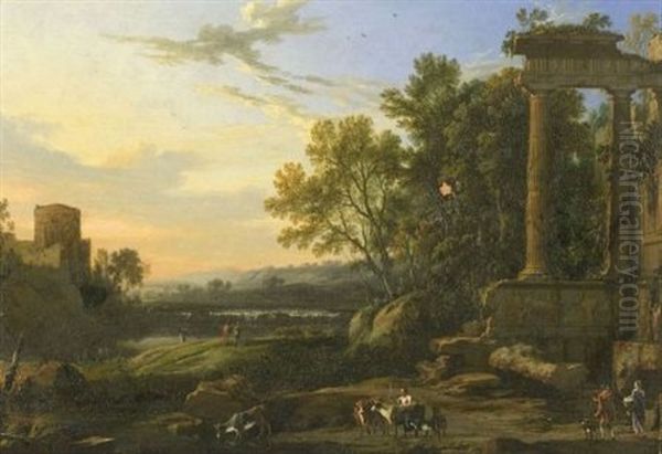 Figures And Livestock In A Pastoral Landscape With Ruins - view 1