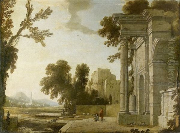 Paysage Avec Bergers Et Leurs Troupeaux Pres D'une Ruine - view 1