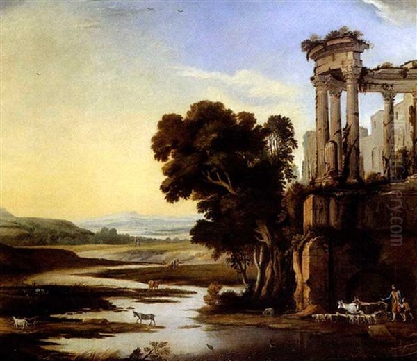 Bergers Dans Un Paysage Avec Un Temple Antique En Ruine - view 1