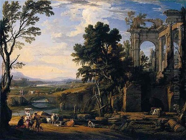 A Classical Landscape With Drovers And Animals Resting On The Banks Of A River Before A Set Of Ruins, Animals And Figures Crossing A Bridge Beyond by Pierre Patel