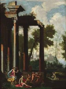 Satyr Und Nymphen Vor Antiken Ruinen. Im Hintergrund Blick Auf Eine Alte Hafenstadt