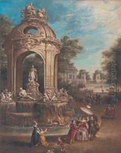 Elegant Company By A Baroque Fountain In An Italianate Garden, An Ornamental Lake Beyond by Pierre Patel