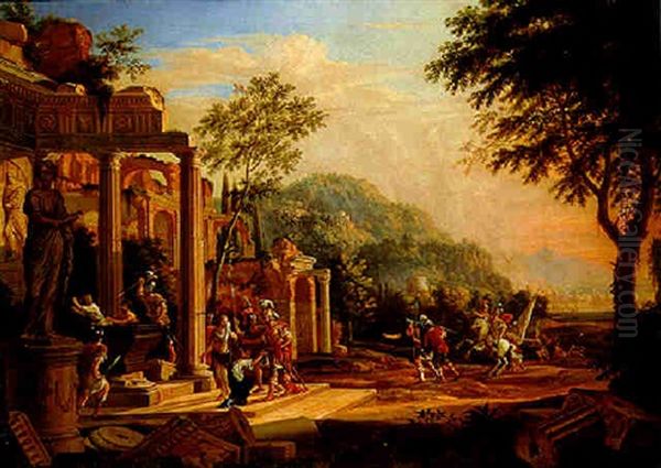 Roman Soldiers Pillaging A Tomb Among Classical Ruins, A City On Fire Beyond - view 1