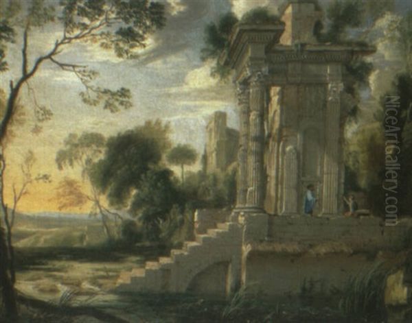 Landscape With Peasants Conversing By Classical Ruins - view 1