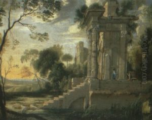 Landscape With Peasants Conversing By Classical Ruins by Pierre Patel