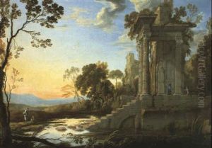 Paysage De Ruines Romaines Au Bord D'un Etung by Pierre Patel