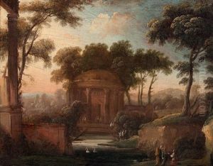 Paysage Au Temple Antique Avec Les Pelerins D'emmaus