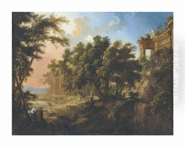 A Stag Hunt In An Extensive Wooded Landscape With Ruins - view 1