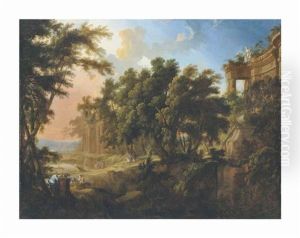 A Stag Hunt In An Extensive Wooded Landscape With Ruins
