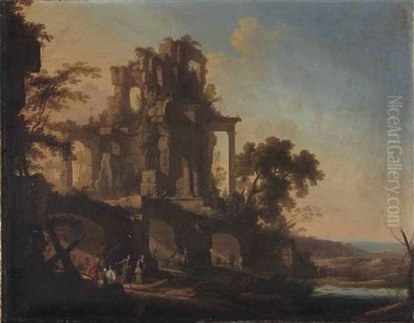 Paysage Avec Un Grand Edifice Ruine Anime De Figures - view 1