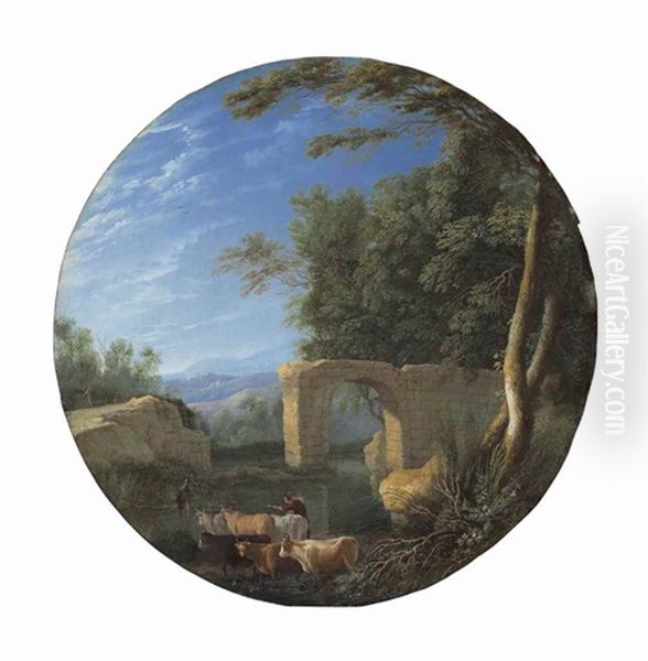 Landscape With A Ruined Bridge And Herders Leading Their Cattle - view 1