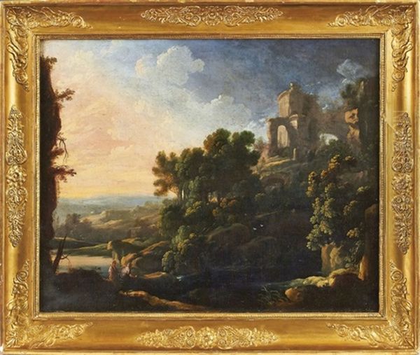 Arkadische Landschaft Im Abendlicht Mit Ruinen - view 1