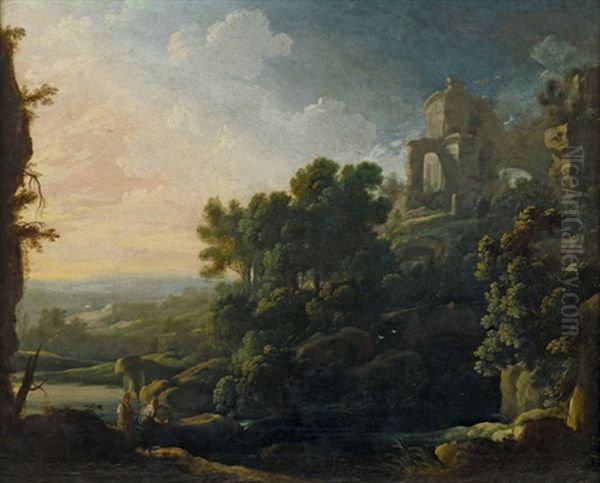 Arkadische Landschaft Mit Antiken Ruinen Und Wanderern - view 1