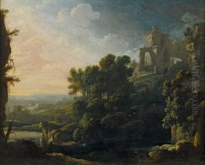 Arkadische Landschaft Mit Antiken Ruinen Und Wanderern