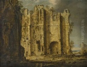 Gotisk Kyrkoruin Med Herde Och Far, I Fonden Blanande Landskap Gotisk Kyrkoruin Med Herde Och Far, I Fonden Blanande Landskap