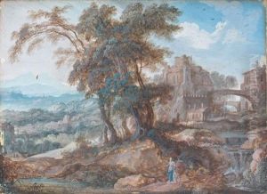 Paysage Au Pont Anime De Personnages by Pierre Antoine Patel