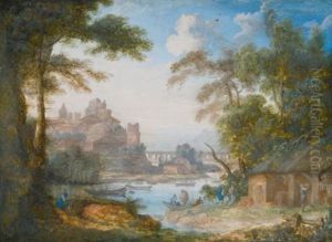 Two River Landscapes: A) With Men By A Shed; B) With Ladies Gathering Flowers (2 Works)
