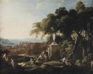 Females Making Offerings To A Statue Of Ceres In A Wooded Landscape, A Village And Mountains Beyond