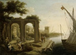 A Mediterranean Port With Figures Before A Ruined Arch