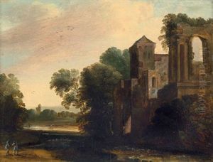 Italianisante Landschaft Mit Einer Burgruine, Im Vordergrund Zwei Landsknechte