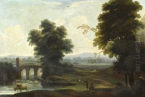 Peasants Grazing Their Cattle Before An Italianate Landscape With A Bridge In The Distance by Pierre Antoine Patel