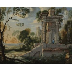 Architectural Capriccio With Figures Resting by Pierre Antoine Patel