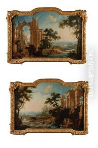 Paysage Aux Lavandieres Et Promeneur (+ Paysage Aux Promeneurs Dans Une Architecture Antique; Pair) by Pierre Antoine Patel