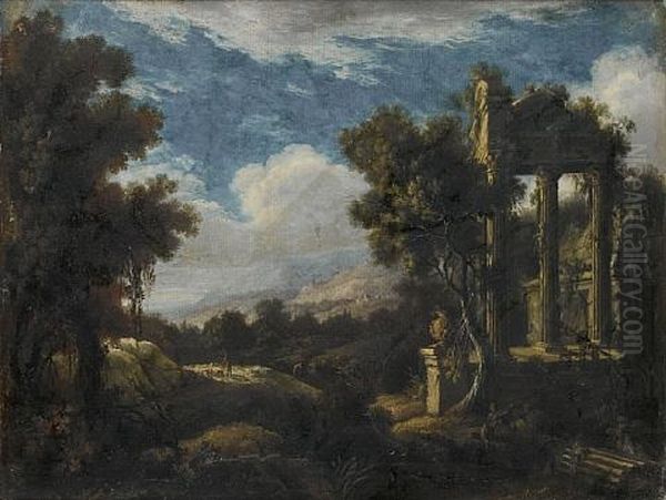 A Wooded Landscape With Figures Before Ruins - view 1