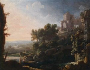 Sudliche Landschaft Mit Hochgelegenen Ruinen Und Wanderern