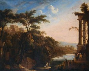 Personnages Descendant L'escalier D'un Palais Dans Un Paysage Classique, Le Long D'une Riviere