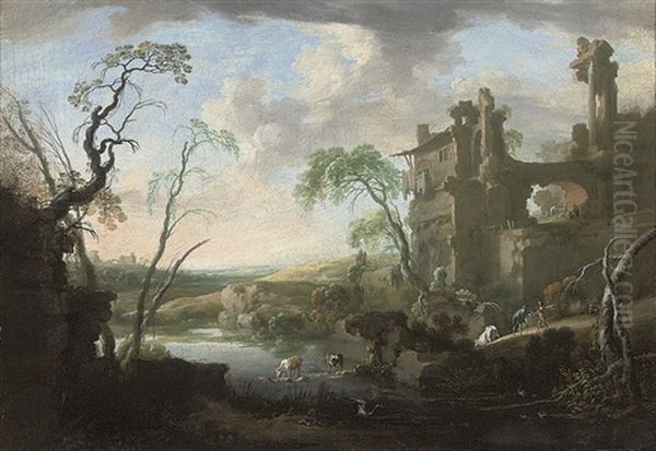 An Italianate Landscape With Drovers And Their Herd By A River - view 1