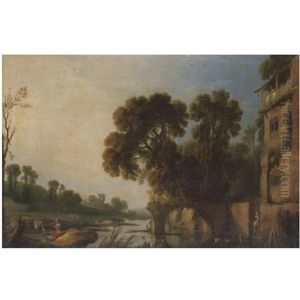 A Classical River Landscape With A Piper Playing In The Foreground by Pierre Antoine Patel