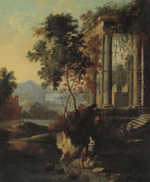A Woman And A Man Fishing By A Classical Ruin, An Extensive Landscape Beyond - view 1