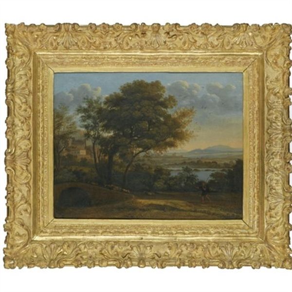 A Classical Landsacpe With A Fortified Town To The Left And A Shepherd Driving His Flock Over Bridge - view 1