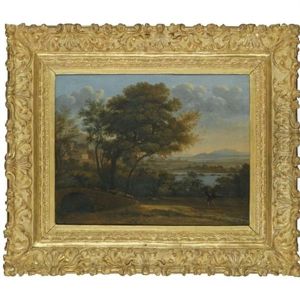 A Classical Landsacpe With A Fortified Town To The Left And A Shepherd Driving His Flock Over Bridge by Pierre Antoine Patel