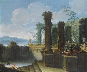 Acapriccioof A Palace Garden With Elegant Figures At A Balustrade Decorated With Antique Statues