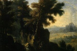 Felslandschaft Mit Katarakt, Seitlich Durchblick Auf Landschaft Mit Personenstaffage