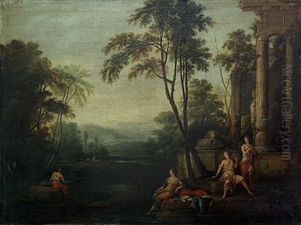 An Arcadian Landscape With Maidens Resting Before A Temple Ruin - view 1