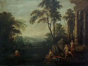 An Arcadian Landscape With Maidens Resting Before A Temple Ruin