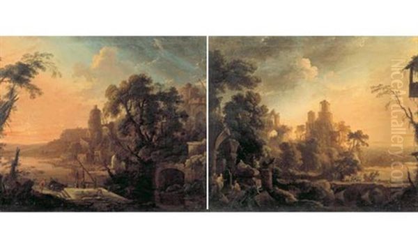 Ruines Antiques Dans Un Paysage De Riviere Anime De Paysans - view 1