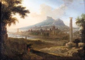 Extensive Classical Landscape, With Figures In The Foreground And A Port Beyond