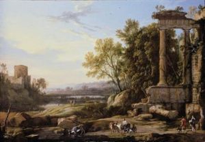 An Italianate Landscape With A Cattle Herder And Other Figures Below Roman Ruins by Pierre Antoine Patel