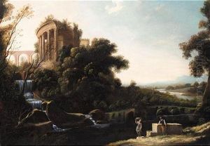 A River Landscape With Figures Resting Beneath A Capriccio View Of The Temple Of Vesta At Tivoli